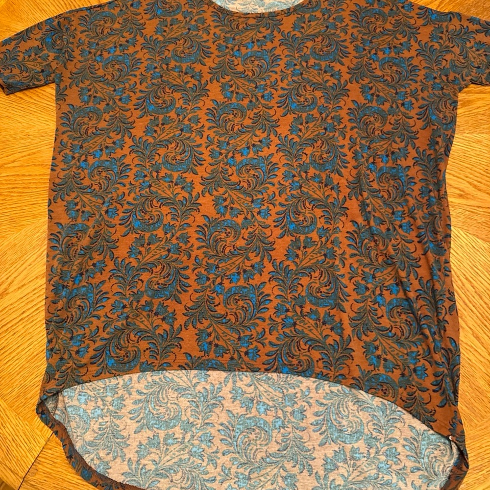 LuLaRoe M Irma Tee Top Tunic Shirt Brown Blue Floral Flower Major Unicorn Medium